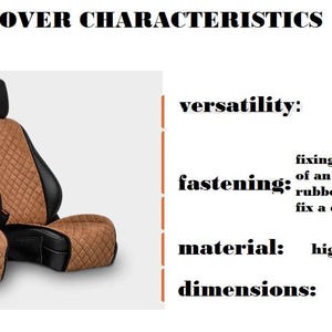 May include: Two car seat covers with black and tan diamond-patterned upholstery. The covers are designed to fit all car brands and are made of high-quality alcantara. Dimensions are 60 x 130 cm.