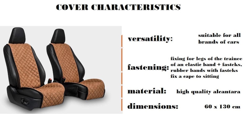 May include: Two car seat covers with black and tan diamond-patterned upholstery. The covers are designed to fit all car brands and are made of high-quality alcantara. Dimensions are 60 x 130 cm.
