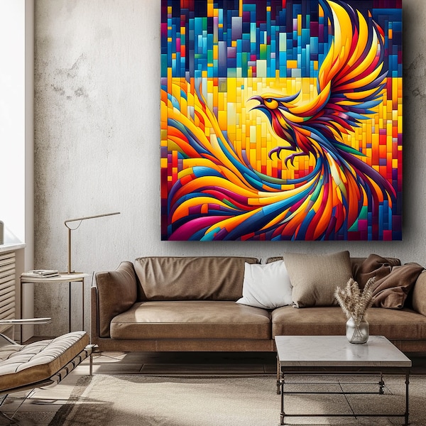 Phoenix Colourful Modern Abstract Art Cubist Art Ukrainian Flag Phoenix Rebirth Ashes Wall Art AI Generated Digital Download Art Large Print