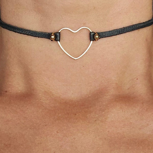 1pc thin black genuine leather choker necklace with brass heart charm, jewelry, gift for her