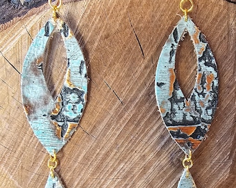 Embossed leather dangle earrings, Gold, women's jewelry, turquoise color