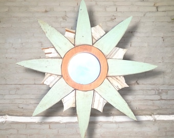 Starburst Mirror Reclaimed Wood Mirror, Coastal Mirror, Sunburst Mirror, Sun Burst Mirror, Reclaimed Wood Wall Art, mint green Decor