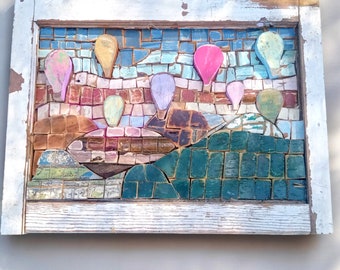 Balloons over Santa Fe, New Mexico Art, Southwestern Decor, Reclaimed Wood Mosaic, Desert Wall Art, vacation home decor