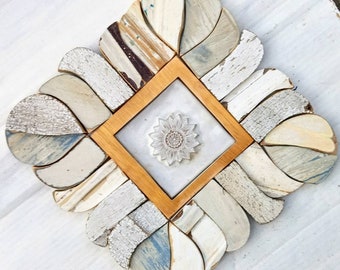 Reclaimed Wood Mosaic, Framed Flower Tile, White Decor, Rustic Wall Decor, Salvaged Wood Art, Reclaimed Wood Art, Distressed Wood Art