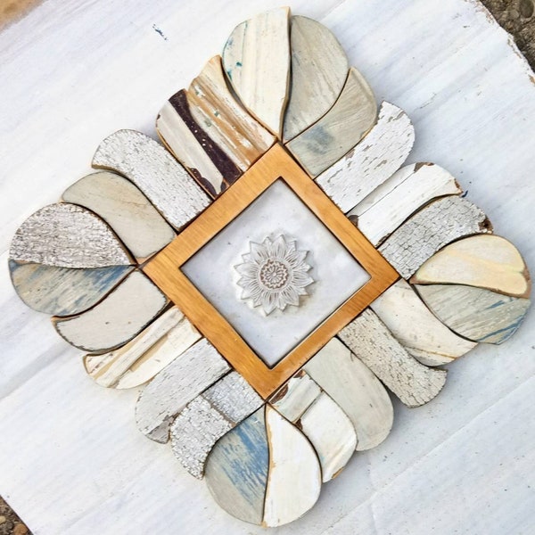 Reclaimed Wood Mosaic, Framed Flower Tile, White Decor, Rustic Wall Decor, Salvaged Wood Art, Reclaimed Wood Art, Distressed Wood Art
