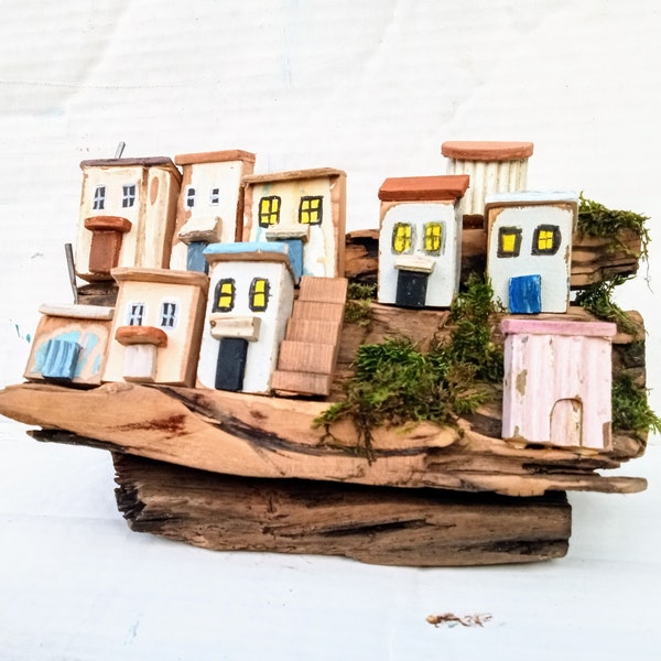 Tiny wooden houses, Driftwood Art, mini wooden village, rustic mini houses, shelf sitter houses, rustic decoR, beach house decor