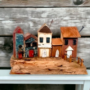 Tiny houses, Driftwood Art, mini wooden village, rustic mini houses, shelf sitter houses, rustic decor, wood house village, cabin decor