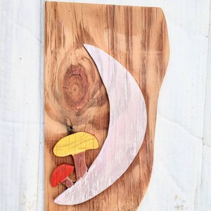 Mushroom moon, mushroom wall decor, reclaimed wood art, dorm decor, small mushroom sign, cottagecore, fairy decor