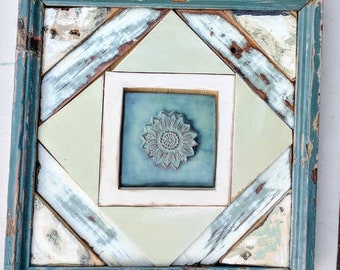 Mosaic Framed Tile, Architectural Salvage, Reclaimed Wood Wall Art, Bohemian Decor, Sunflower Decor, Teal Wall Art, Rustic Kitchen Decor