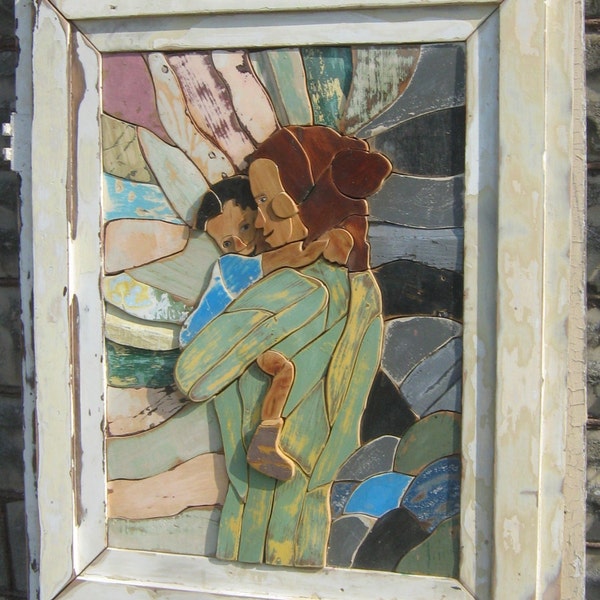 Reclaimed Wood Art, Mother With Baby, Salvaged Wood Mosaic, Wood Mosaic Art, Mother and Baby Portrait