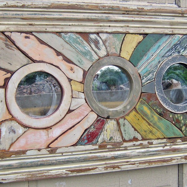 Framed Circular Mirrors, Reclaimed Wood Art, Salvaged Wood Mosaic Art