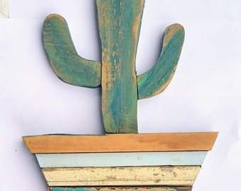 Cactus Art, Mexican Folk Art,wooden garden decor, southwestern decor, Santa Fe art, gardeners gift, potting shed decor, succulent art