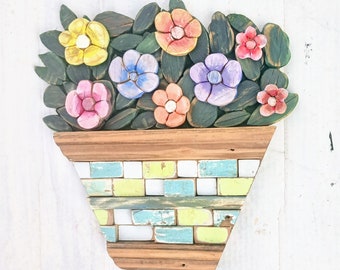 Mosaic Flower Wall Art, Summer Decor, Garden Art, Wooden Flowers, Pansy Flower Pot, Southern Folk Art, Rustic Flower Decor