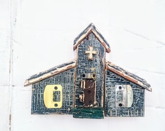 Rustic Green Church,  Christian Decor, Country Church, Religious Decor, Wood Wall Church, Wedding Gift, Country Church, Chippy Paint Church