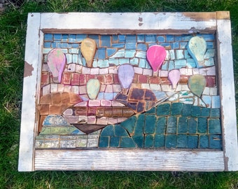 Balloons over Santa Fe, New Mexico Art, Southwestern Decor, Reclaimed Wood Mosaic, Desert Wall Art, vacation home decor