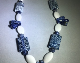 Denim Necklace Sodalite  White Gemstones and Silver Necklace
