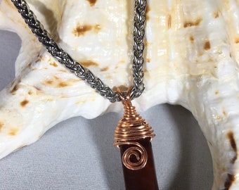 Carnelian Pendant Necklace Wrapped in Copper with Silver Chain