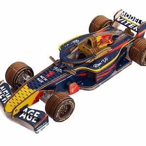 May include: A wooden model kit of a Formula 1 race car with a blue, yellow, and red paint scheme. The car has the words "Red Bull" and "New Age" on the side. The car is a mechanical model kit.