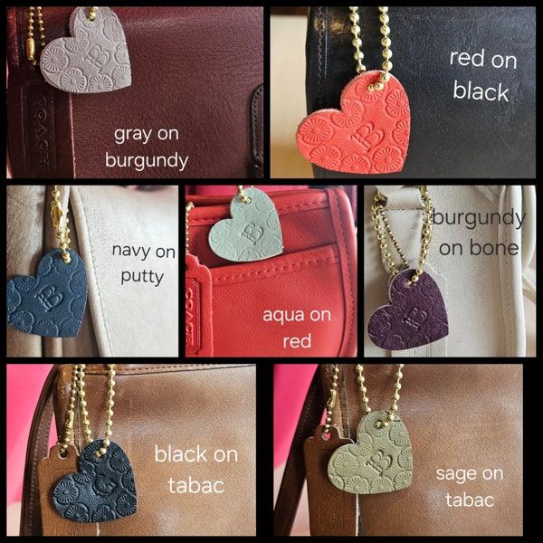 CUSTOM monogram small heart tag-along tags made from repurposed vintage coach leather