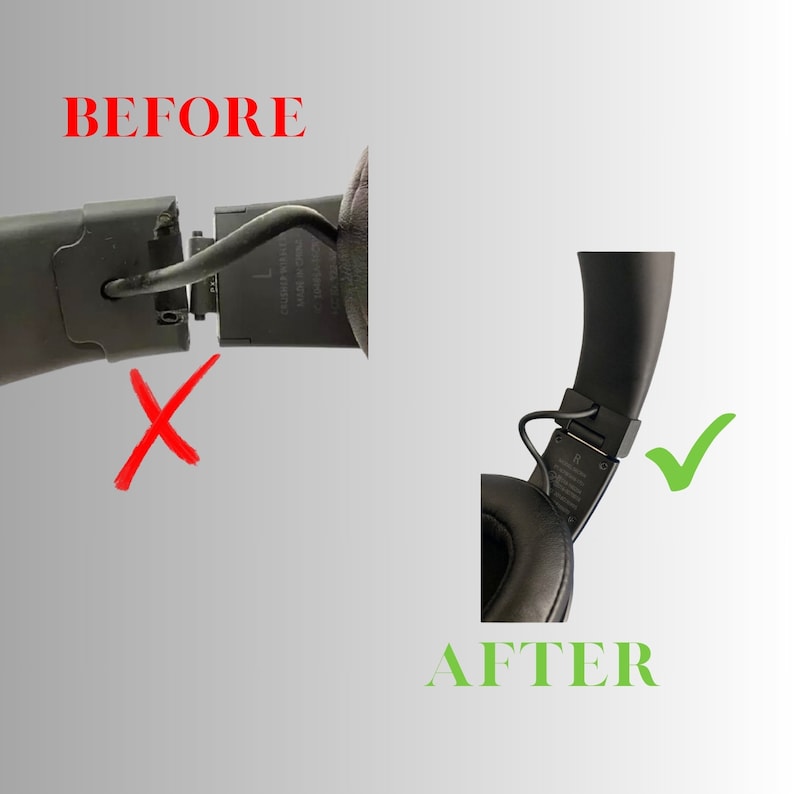 May include: Image showing a before and after comparison of headphone repair. The "BEFORE" section displays a broken headphone with a red "X" mark. The "AFTER" section shows a repaired headphone with a green check mark.