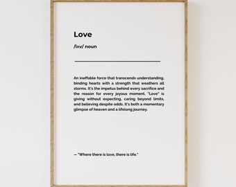 Arte de pared imprimible con definición de amor, descarga digital de tipografía, decoración del hogar