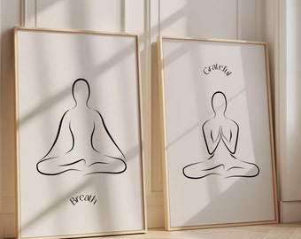 Meditation Posters Set Of 2, Sayings Posters Breath and Grateful, Mindfulness Poster, Pilates Yoga Studio Art Print, Yoga Studio Decor
