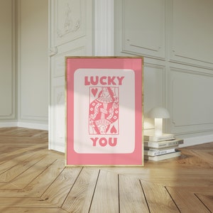 Lucky You Digital Wall Print, Trendy Retro Art, Pink Playing Card Design, Girly Decor, Downloadable Art Print