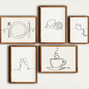 Kitchen Wall Art Print, Kitchen Gallery Wall Set of 5, Line Drawing Kitchen Prints Decor, Food Drink Print, Housewarming Gift, Digital