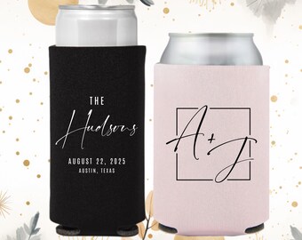 Custom Wedding Can Coolers, Personalized Monogram Can Holder, Custom Wedding Cozies,  Customized Wedding Favors, Custom Monogram Cozie CZ010