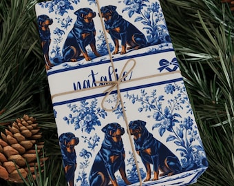Personalized Rottweiler Dogs Wrapping Paper, French Toile Floral Dog Wrapping Paper, Pet Lover Christmas Birthday Wrap (WRP-ROT1)