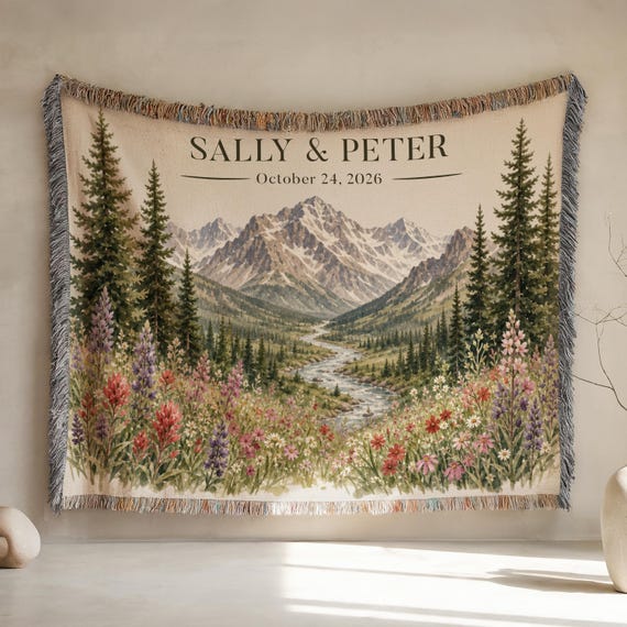 Personalized Woven Throw Blanket, Custom Woven Blanket, Family Anniversary Keepsake, Wedding Engagement, 100% Cotton Tapestry (WBLT-WED7)
