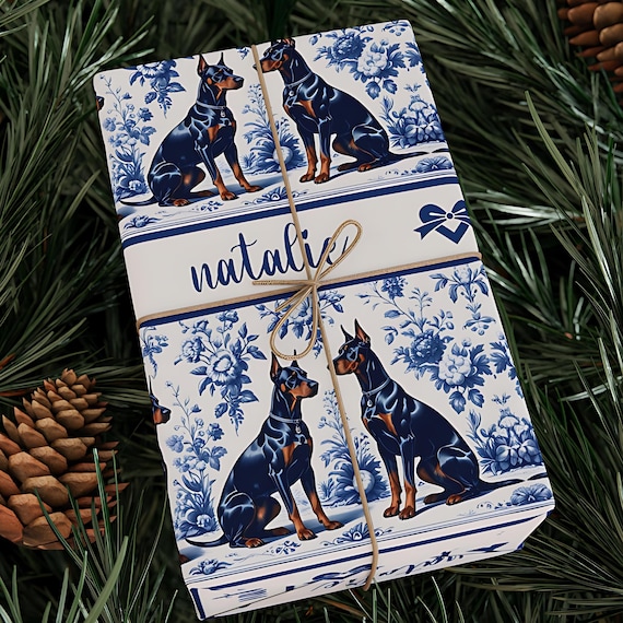 Personalized Doberman Dog Wrapping Paper, French Toile Floral Dog Wrapping Paper, Pet Lover Christmas Birthday Wrap, Custom Wrap (WRP-DOM1)