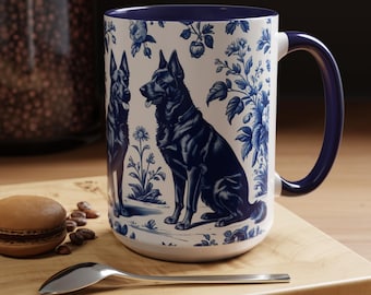 Belgian Malinois French Toile Mug, Blue Toile Coffee Cup for Belgian Malinois Mom, Belgian Malinois Gift, Dog Coffee Mug (MUG-BGM1)