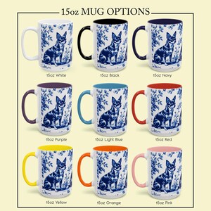 May include: A selection of 15oz ceramic mugs with different handle and interior colours. Each mug displays a blue and white floral pattern and a dog illustration. Available colours include white, black, navy, purple, light blue, red, yellow, orange, and pink.