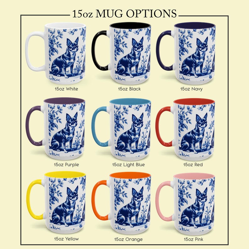 May include: A selection of 15oz ceramic mugs with different handle and interior colours. Each mug displays a blue and white floral pattern and a dog illustration. Available colours include white, black, navy, purple, light blue, red, yellow, orange, and pink.