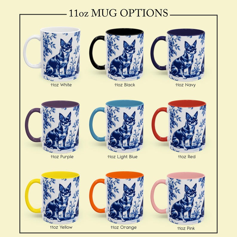 May include: Nine ceramic 312ml mugs with various handle and interior colours. Each mug displays a blue and white floral pattern and a Chihuahua illustration. The available colours are white, black, navy, purple, light blue, red, yellow, orange, and pink.