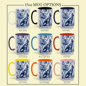 May include: Nine 15-ounce mugs with different colored rims. Each mug features a white background with a blue and white floral pattern and a German Shepherd dog sitting in the center.