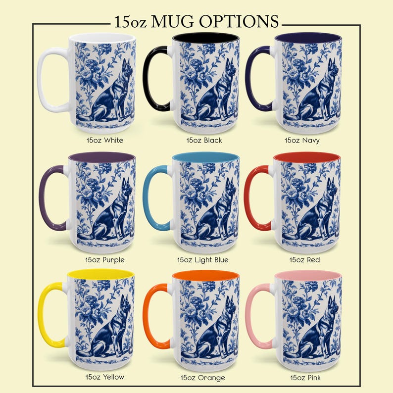 May include: Nine 15-ounce mugs with different colored rims. Each mug features a white background with a blue and white floral pattern and a German Shepherd dog sitting in the center.
