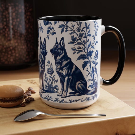 German Shepherd French Toile de Jouy Mug, Elegant Blue Toile Coffee Cup for German Shepherd Mom, Dog Lover Gifts, Dog Tea Mug (MUG-GSP1)