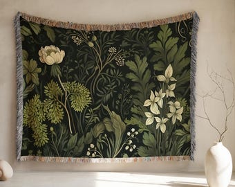 Cottagecore Botanical Woven Blanket, Vintage Botanical Woven Throw, Floral Throw, Wildflower Blanket, Cozy Cottagecore Gift (WBLT-CTC1)
