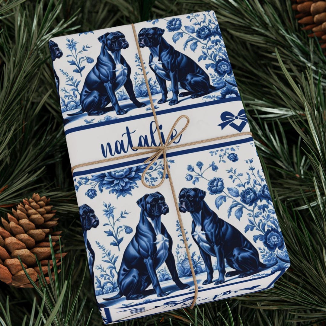 Personalized Boxer Dogs Wrapping Paper, French Toile Floral Dog ...