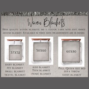 May include: A beige woven blanket with soft fringe, featuring text Woven Blankets and 100% cotton yarn. Three size options are displayed: 37x52 inches for baby, pet, or travel, 50x60 inches for kids or picnic, and 60x80 inches for beds or sofa throws.