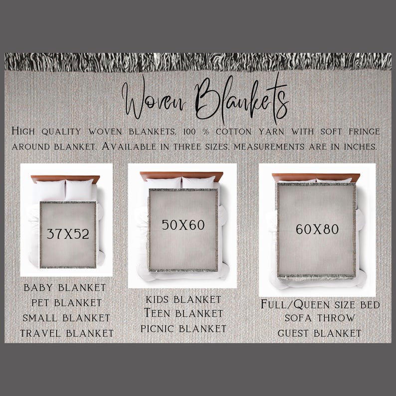 May include: A beige woven blanket with soft fringe, featuring text Woven Blankets and 100% cotton yarn. Three size options are displayed: 37x52 inches for baby, pet, or travel, 50x60 inches for kids or picnic, and 60x80 inches for beds or sofa throws.