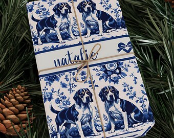 Personalized Beagle Dogs Wrapping Paper, French Toile Floral Dog Wrapping Paper, Pet Lover Christmas Birthday Wrap, Custom Wrap (WRP-BGL1)