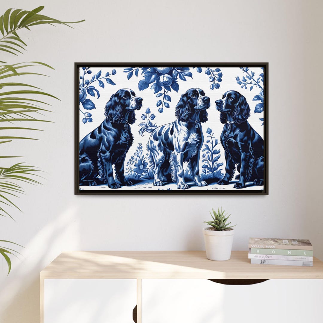 Canvas Wall Art English Springer Spaniels French Toile, Blue Floral Dog ...