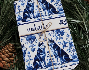 Personalized Husky Dogs Wrapping Paper, French Toile Floral Dog Wrapping Paper, Pet Lover Christmas Birthday Wrap, Custom Wrap (WRP-SBH1)