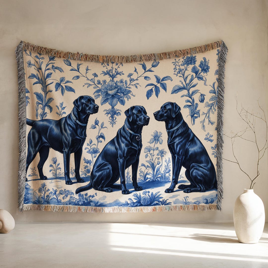 Black Labrador Retrievers French Toile Woven Throw Blanket, Floral ...