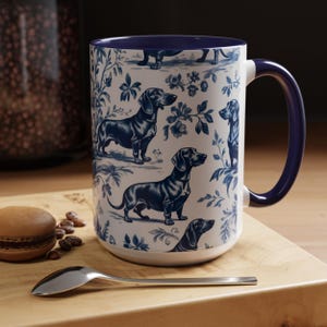Dachshund Dogs French Toile de Jouy Mug, Coffee Mug for Doxie Mom, Wiener Dogs Gift, Sausage Dog Lover Gifts, Dog Tea Drinkware (MUG-DCH2)