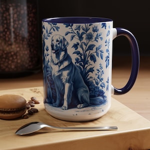 Golden Retrievers French Toile de Jouy Mug, Elegant Blue Toile Coffee Cup for Golden Retrievers Mom, Dog Lover Gifts, Dog Tea Mug (MUG-GRT1)