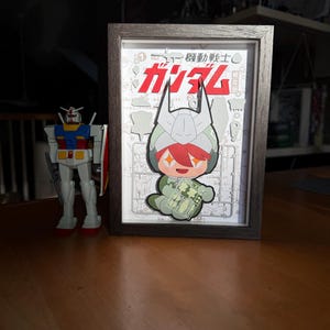 May include: A framed artwork featuring a cartoon character with red hair and a green outfit, set against a white background with Japanese text. A Gundam model stands to the left. The frame is dark brown, and the overall theme is anime.